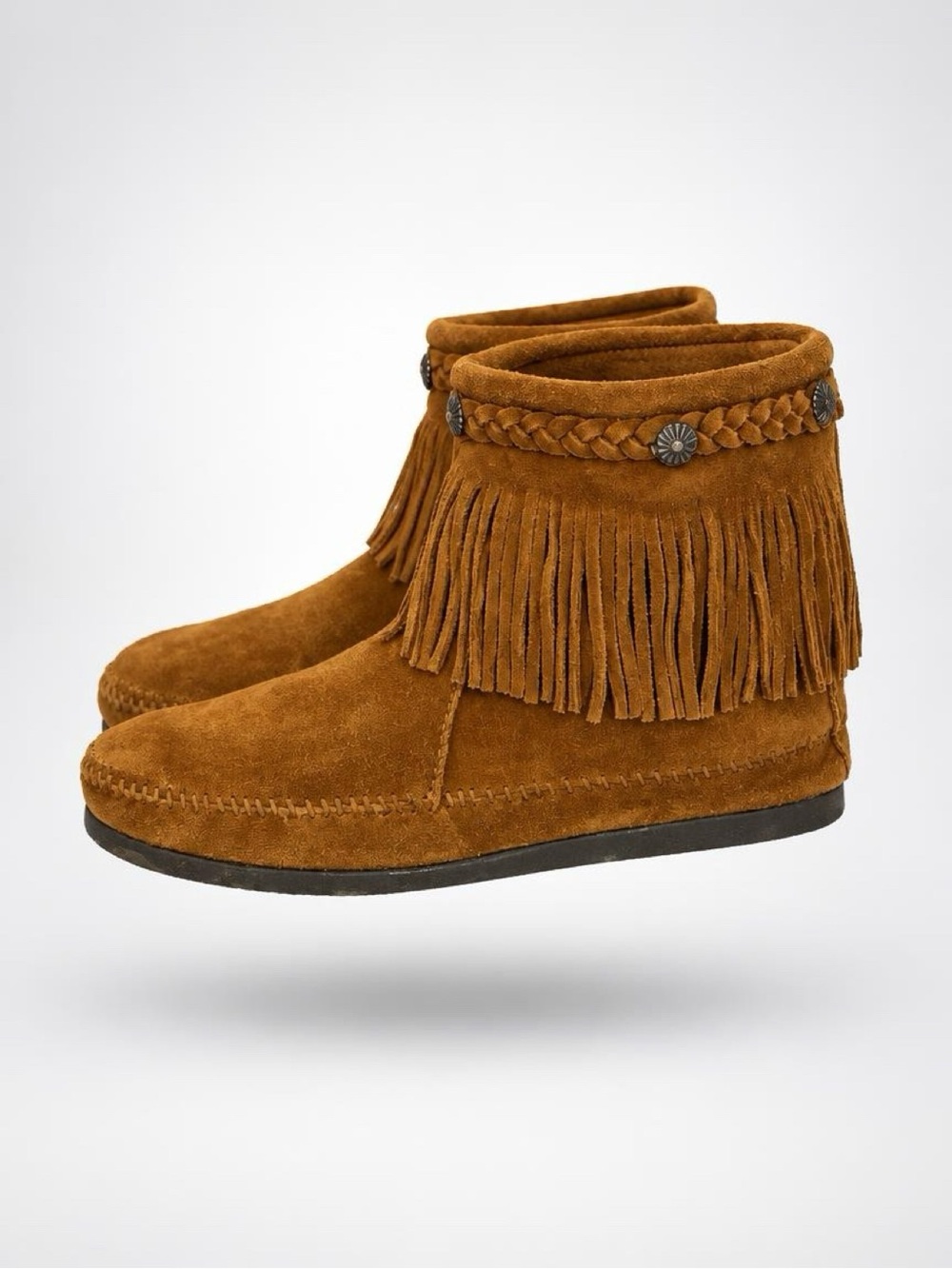 Minnetonka Women’s Brown Suede Fringe Back Zip Moccasin Booties | Size 10